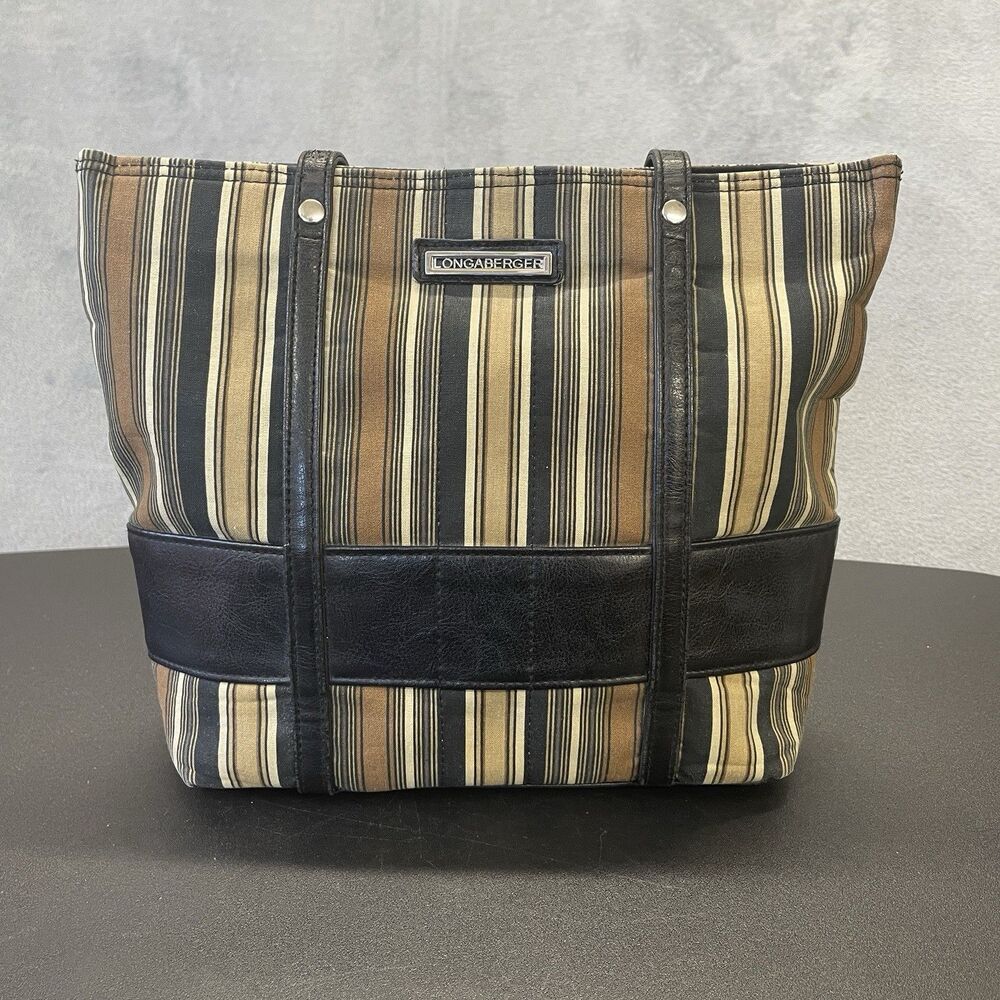 Longaberger Homestead Legacy Brown Tan Striped Tote Bag Purse 11”x9”x3.5”
